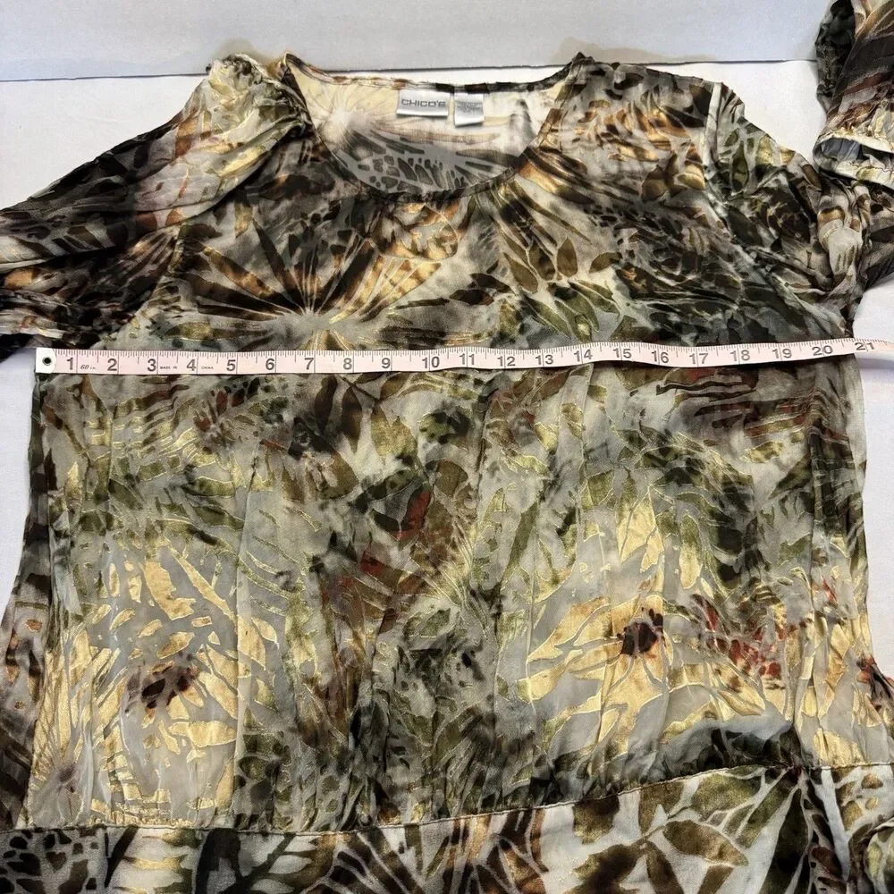 Chico’s Size 1 (M) Silk Blend Abstract Leaf Print Long Sleeve Blouse Tie Cuff